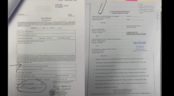A typical setup in smaller counties: On the left, a tax certificate obtained by the Athens County Land Bank, signed by Land Bank Board Chairman Ric Wasserman. On the Right: The Land Bank seeks to foreclose on a property, so the land bank files for expedited foreclosure. In addition to being on both sides of the case, Wasserman is also on the Board of Revision which hears expedited foreclosure cases. - Eye on Ohio