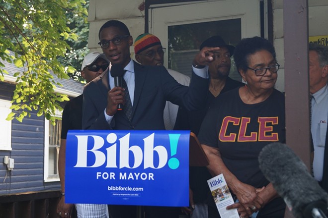 Mayor Justin Bibb promising to "evict" Holton-Wise at a campaign event in 2021 - Photo by Sam Allard