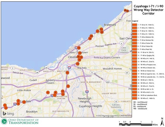 A map of where wrong-way sensors will be installed around Cleveland - ODOT
