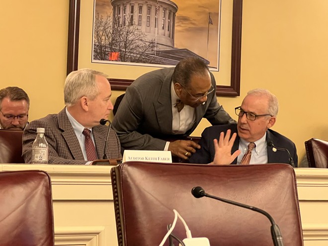 Ohio Redistricting Commission co-chair state Sen. Vernon Sykes talks to Senate President Matt Huffman during Saturday’s meeting of the ORC. The commission ended up throwing out independent mapmaker work and adopting a slightly revised version of the third map, already rejected by the Ohio Supreme Court. - (PHOTO: SUSAN TEBBEN, OCJ)