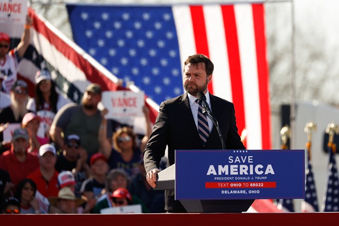 COLUMBUS, OH — APRIL 23: J.D. Vance, candidate for the U.S. Senate speaks at the Save America Rally featuring the former President Donald J. Trump, April 23, 2022, at the Delaware County Fairgrounds, Delaware, Ohio. - (PHOTO BY GRAHAM STOKES FOR THE OHIO CAPITAL JOURNAL.)