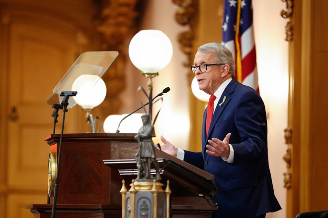 Gov. Mike DeWine during the State of the State address, March 23, 2022, in the House Chamber at the Ohio Statehouse in Columbus, Ohio. - (Photo by Graham Stokes, for the Ohio Capital Journal.)