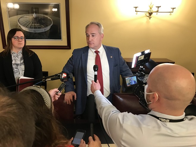 Ohio Auditor Keith Faber speaks with media. As Senate President, he helped pass the “pass-through” loophole. - (Photo: Susan Tebben, OCJ)
