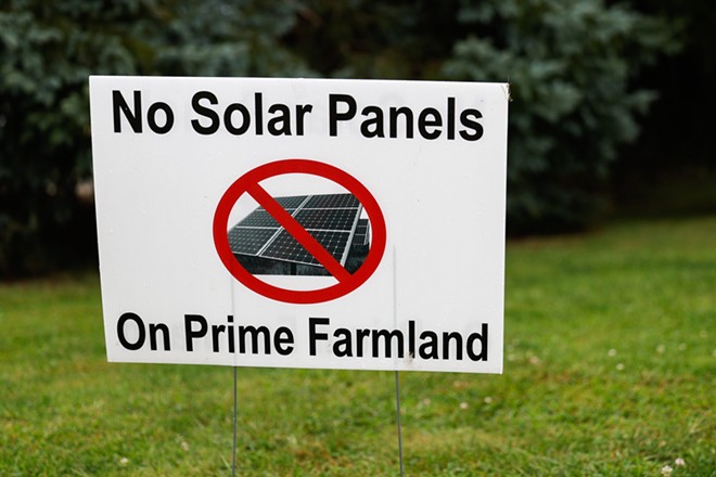 FAIRFIELD COUNTY, OH — AUGUST 29: An anti-solar power sign outside a home, one of many in a rural area east of Lancaster, Ohio, August 29, 2022, in Fairfield County, Ohio. - (Photo by Graham Stokes for the Ohio Capital Journal)