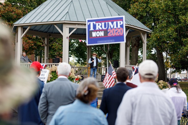 Republican candidate for governor Joe Blystone address a small crowd at a Freedom Rally October 17, 2021, - (Photo by Graham Stokes for the Ohio Capital Journal.)