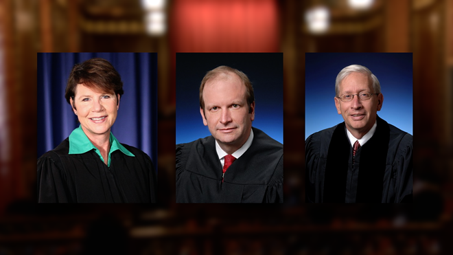 From left to right, Ohio Supreme Court Justices Sharon Kennedy, Pat DeWine, and Pat Fischer. - Official photos. Graphic by WEWS.