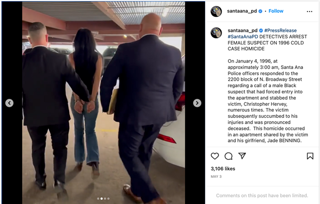 The Santa Ana Police Department said on Instagram that Jade Benning was arrested after “forensic testing was completed, as well as consulting with forensic experts.” - Credit: Screenshot by ProPublica
