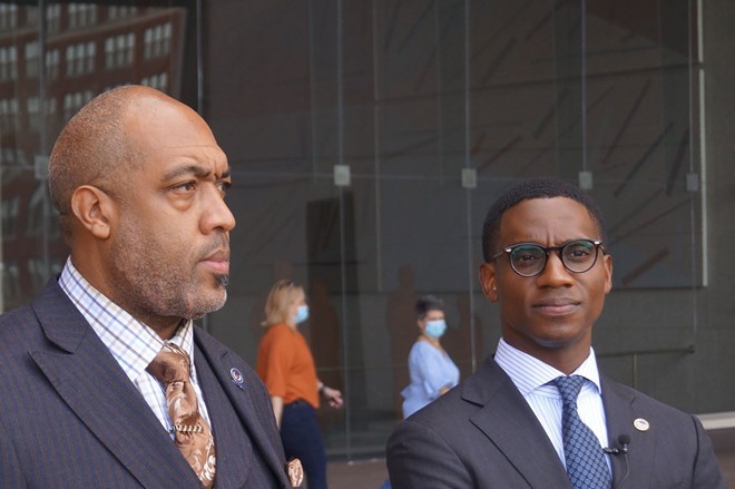 City Council President Blaine Griffin and Mayor Justin Bibb, outside the Justice Center. Both were involved in the city's initial attempt, in April, to secure misdemeanor marijuana expungements for 4,077 people. - Sam Allard / Scene