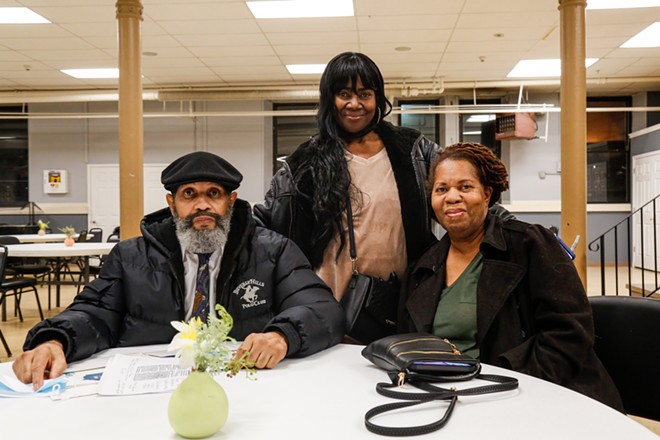 Darrick Wade (left), Pam Salmon (center) and Darnetta Wade (right), all former residents of Lakeview at Tuesday's meeting. All three moved elsewhere due to safety and air pollution concerns. - Mark Oprea
