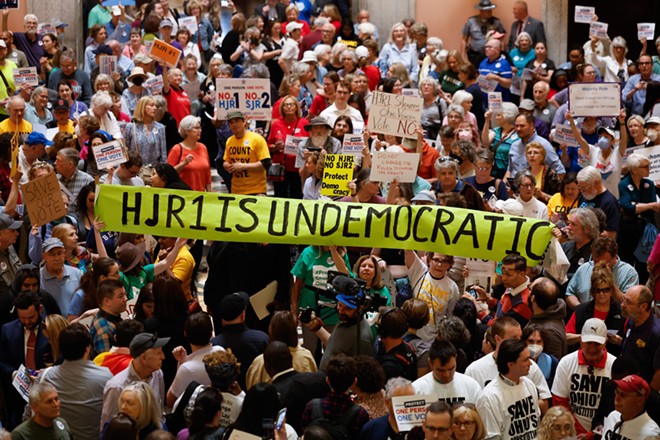 MAY 10: Hundreds of protesters against SJR 2, and its companion HJR 1, fill the rotunda before the Ohio House session, May 10, 2023, at the Statehouse in Columbus, Ohio. - (Photo by Graham Stokes for Ohio Capital Journal)