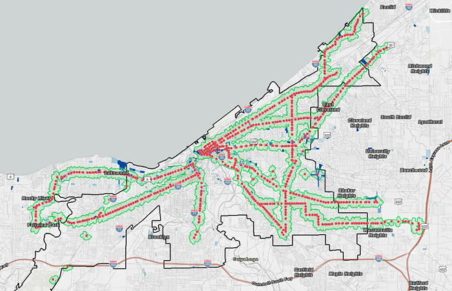A map, from the City Planning Commission's own 15-minute study, showing all of the areas in Cleveland ripe for transit-oriented development. - Cleveland Planning Commission