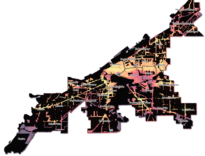 A map from the City Planning Commission's own 15-Minute study, from April 2022. Parts of the map in black are areas where building three-plus units of housing are illegal under Cleveland's existing code. - Cleveland Planning Commission