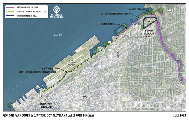 Part of the Mandel's grant will allow for a bikeway to extend from East 9th to East 55th, where only lousy sharrows (and I-90) exists today. - Cleveland Metroparks