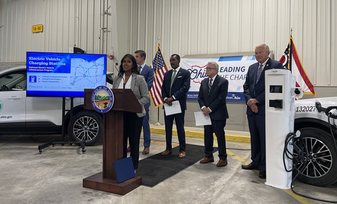 DriveOhio Executive Director Preeti Choudhary announcing the first phase of Ohio’s EV charging stations under the bipartisan infrastructure law. - (Photo by Nick Evans)