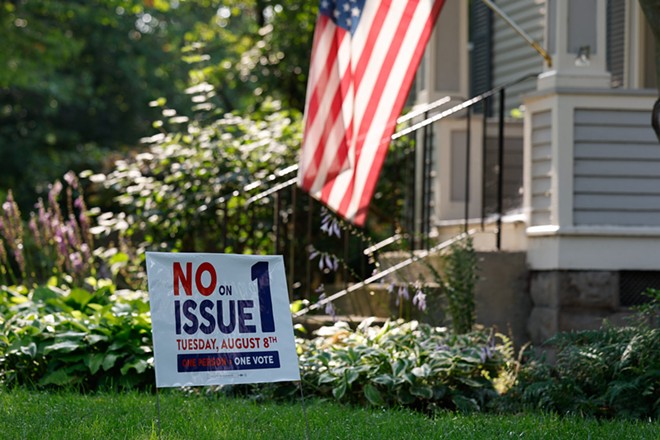 MOUNT VERNON, Ohio — JULY 26: A yard sign against Ohio Issue 1 which if passed at the August 8 special election would require a 60% vote to pass future citizen-initiated amendments including the Reproductive Freedom Amendment which will be on the ballot in November, July 26, 2023, in Mount Vernon, Ohio. - Photo by Graham Stokes for Ohio Capital Journal