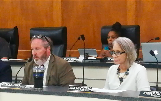 Mayor Patrick Cooney and Development Director Mary Kay Costello at Monday's heated council meeting in Fairview Park. - Chris Reed
