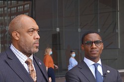 City Council President Blaine Griffin and Mayor Justin Bibb outside the Justice Center - Scene Archives