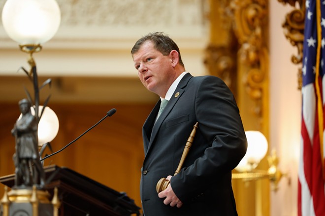 COLUMBUS, Ohio — MAY 24: House Speaker Rep. Jason Stephens, R-Kitts Hill, holds the gavel during the Ohio House session, May 24, 2023, at the Statehouse in Columbus, Ohio. - Photo by Graham Stokes for Ohio Capital Journal.