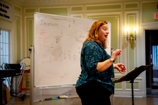 Kim Lauritsen, a music director at the Music Settlement in University Circle, leads her Settlement Singers class on Wednesday. The choir is a segment of the school's new Creative Aging Department. - Mark Oprea