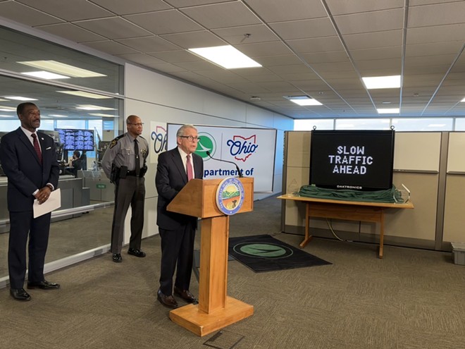 Ohio Gov. Mike DeWine at the Ohio Department of Transportation on Feb. 15. ODOT will install 13 automatic traffic queue warning systems that will use technology to detect and warn drivers of upcoming traffic congestion on highways. - (Photo by Megan Henry, Ohio Capital Journal.)