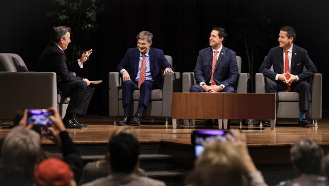 From left, Mike Kaylmyer moderates a U.S. Senate Ohio Republican primary forum between state Sen. Matt Dolan, Secretary of State Frank Larose, and businessman Bernie Moreno Monday, February 19, 2024, in the TLB Auditorium at the University of Findlay in Findlay, Ohio. - (Pool photo by Jeremy Wadsworth from the Toledo Blade.)