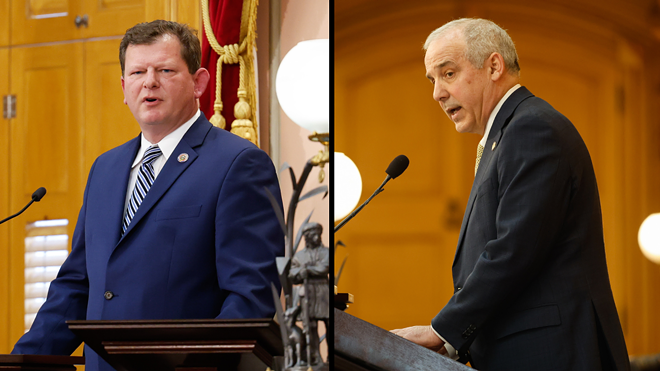 Left, Ohio House Speaker Jason Stephens. Right, Ohio Senate President Matt Huffman. - (Photos by Graham Stokes for the Ohio Capital Journal.)
