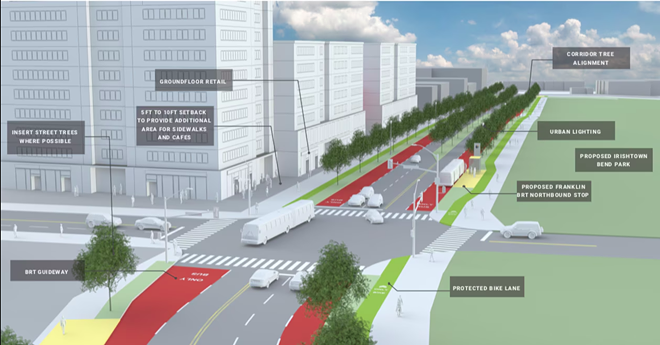 A rendering recently released by the RTA shows how West 25th Street could be redone to better service transit riders and pedestrians. A similar approach, the RTA said, could come to its Lorain Corridor. - RTA