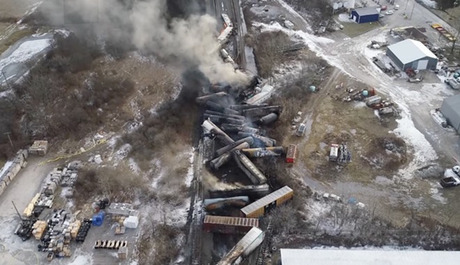 Aerial view of the train derailment wreckage in East Palestine. - (Screenshot from NTSB B-roll recorded Feb. 5, 2023)