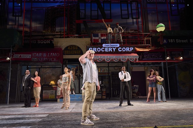 Joseph Morales (center) as Usnavi and the cast of Cleveland Play House's production of IN THE HEIGHTS - Photo by Roger Mastroianni.