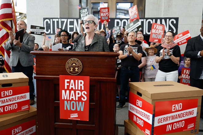 Retired Ohio Supreme Court Chief Justice Maureen O’Connor speaks to supporters at the Citizens Not Politicians rally, July 1, 2024, at the Statehouse in Columbus, Ohio. - (Photo by Graham Stokes for Ohio Capital Journal. Republish only with original story.)