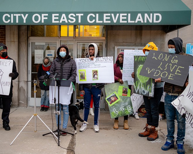 Diamond speaks at a protest against Vincent’s killing in East Cleveland on Feb. 5, 2021. - Michael Indriolo for The Marshall Project