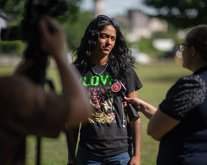 A WKYC reporter interviews Diamond during a protest against the killing of Jayland Walker in Akron, Ohio on July 9, 2022. - Michael Indriolo for The Marshall Project