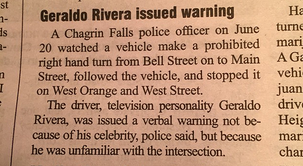 TV Personality Geraldo Rivera Pulled Over in Chagrin Falls