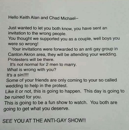 Canton Couple Receives Anti-Gay Letter in Response to Wedding Invite That Went to the Wrong Address