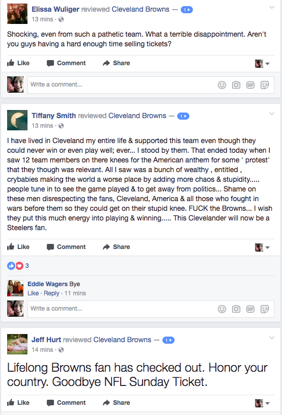 A Sampling of Completely Level-Headed Facebook Reviews of the Cleveland Browns After Players Knelt and Prayed During the National Anthem Last Night (5)
