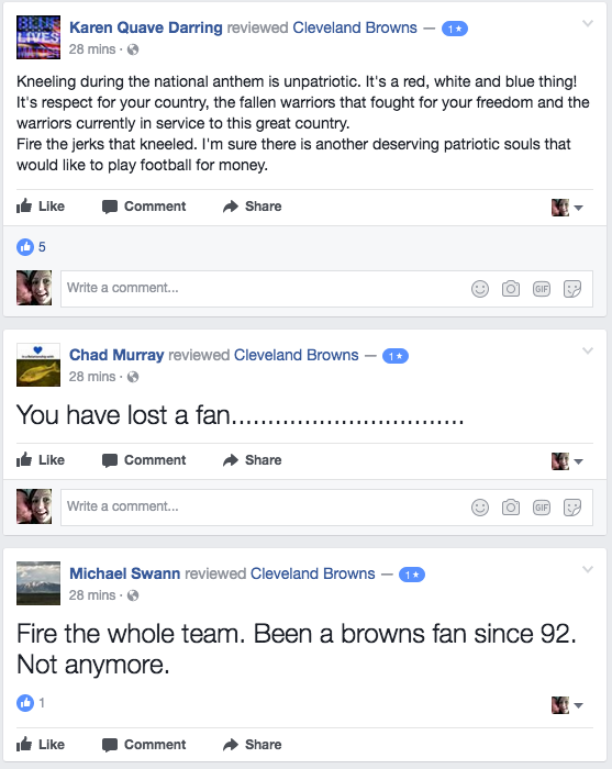 A Sampling of Completely Level-Headed Facebook Reviews of the Cleveland Browns After Players Knelt and Prayed During the National Anthem Last Night (12)