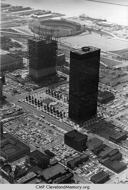 Aerial view of Erieview Plaza, Erieview Tower, and unfinished building, 1965