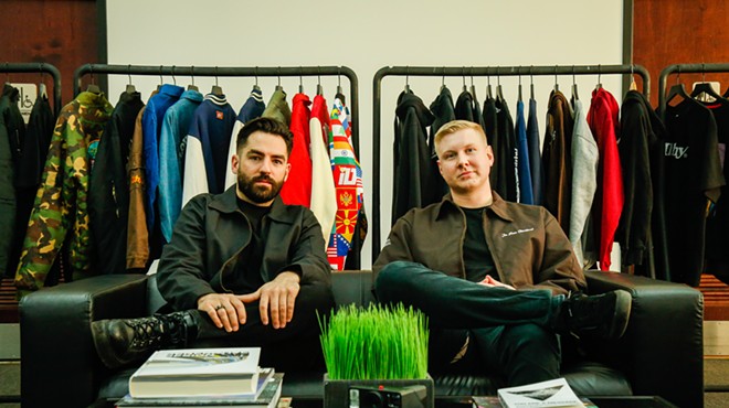 Eric Vajda and John Stursa, co-founders of I'm From Cleveland, sit in their near office on St. Clair Ave. in March. The two are branching out into the fashion industry this spring.