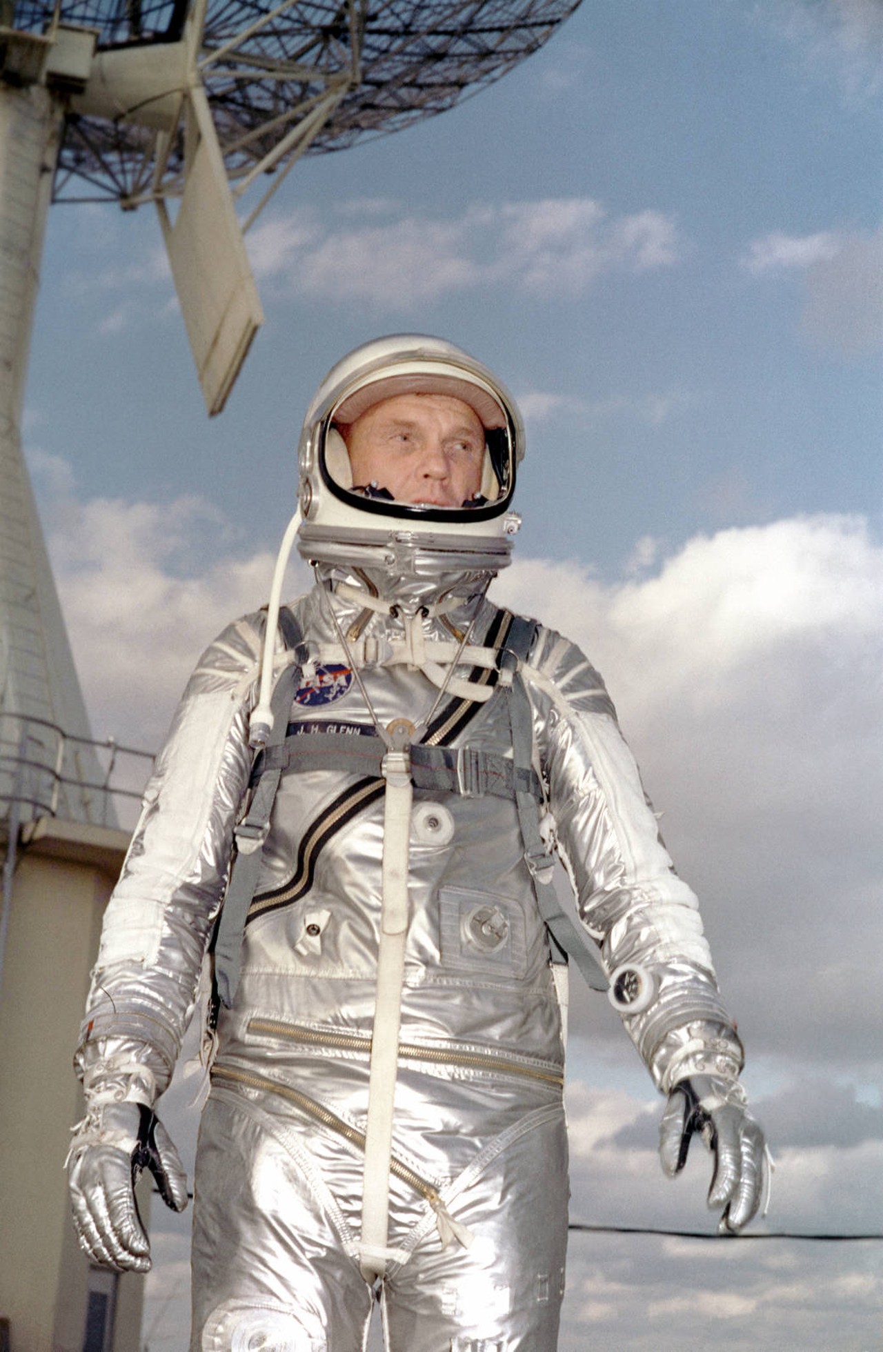 Astronaut John H. Glenn Jr. in his silver Mercury spacesuit during pre- flight training activities at Cape Canaveral.