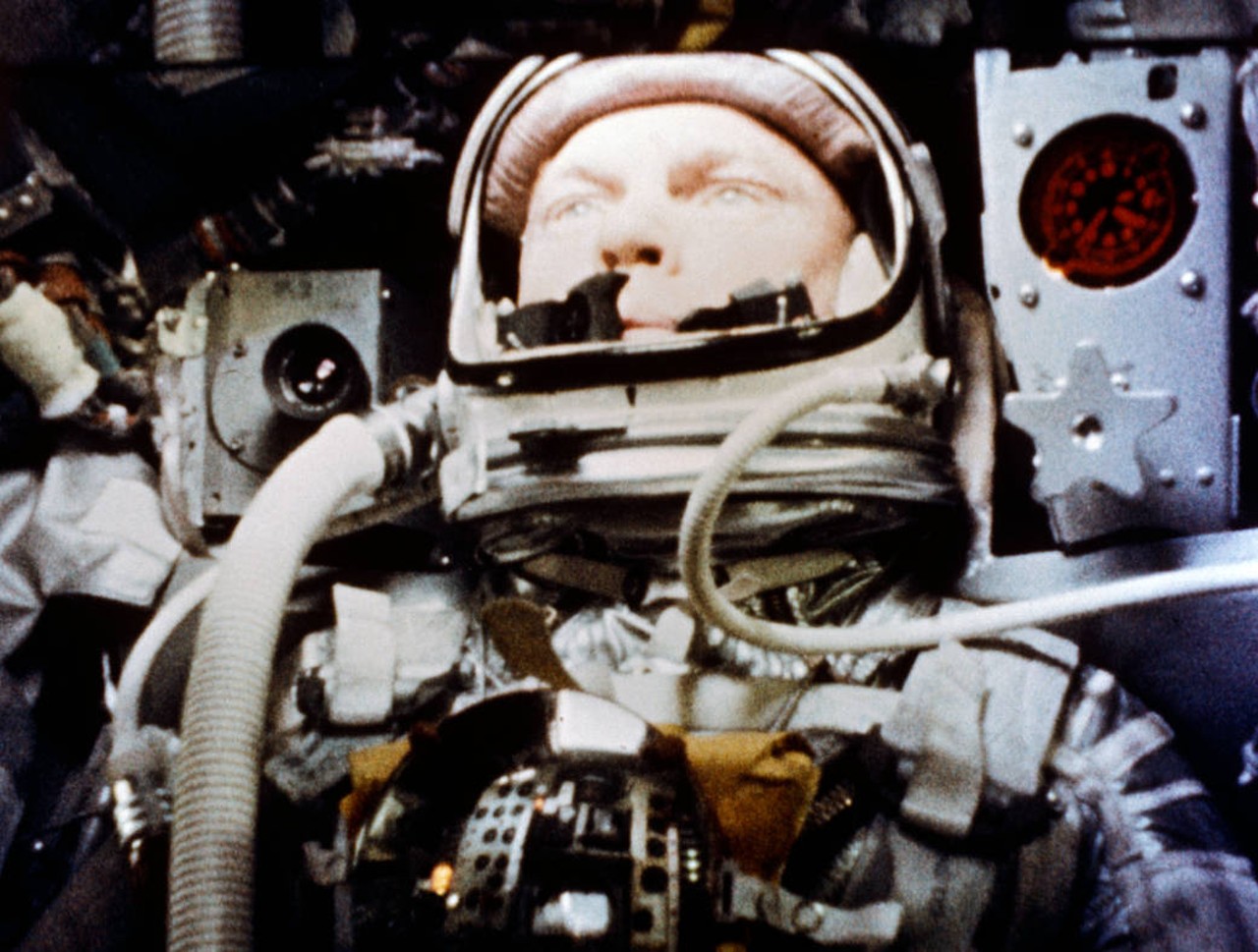 A camera onboard the Friendship 7 Mercury spacecraft photographs astronaut John H. Glenn Jr. during his historic flight on February 20, 1962.