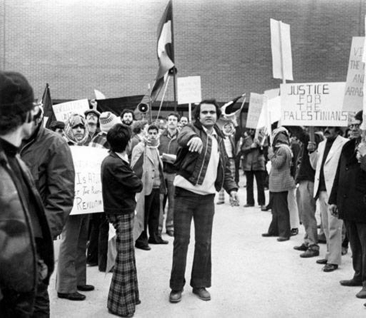 Anti-Israel protesters in front of Cuyahoga Community College West campus entrance, 1975.
