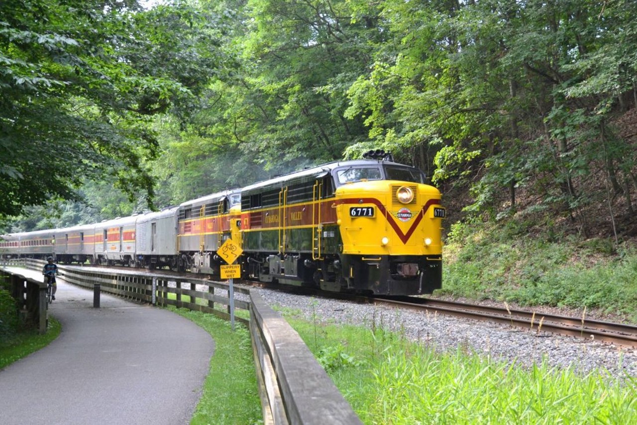 Take a ride on the Cuyahoga Valley Scenic Railroad
1630 W. Mill St., Peninsula, 800-468-4070
Taking the train is one way to take in Cuyahoga County at a faster pace. Enjoy views of Cuyahoga Valley National Park landscape from the comfort of a train with multiple boarding stations such as Rockside, Brecksville, Peninsula, and Akron Northside.    
Photo via Cuyahoga Valley Scenic Railroad/Facebook