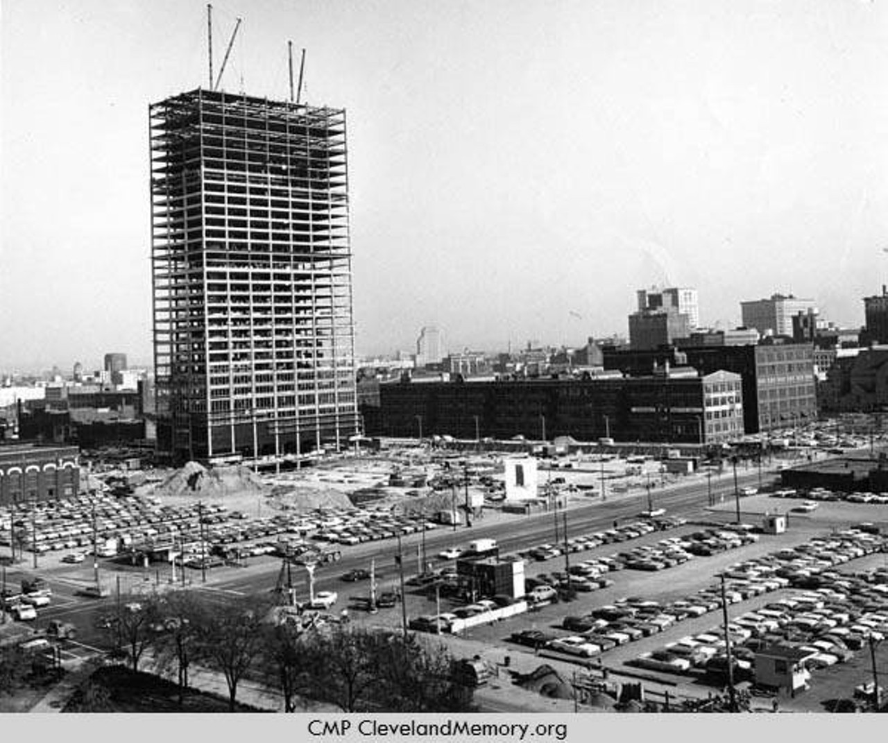 Erieview Plaza parking lot and unfinished Erieview Tower, 1964