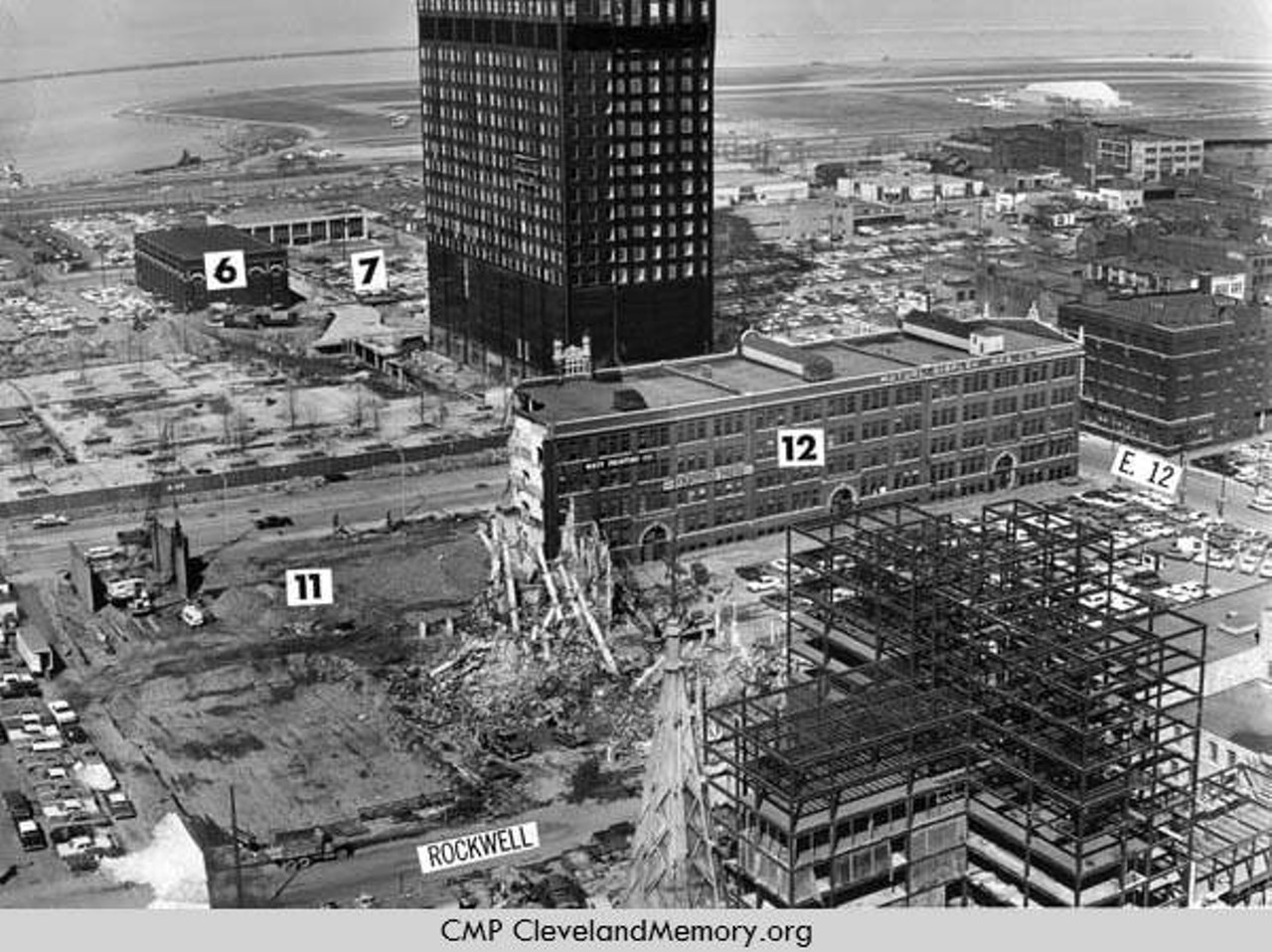 Aerial view of Erieview Plaza under construction, 1964