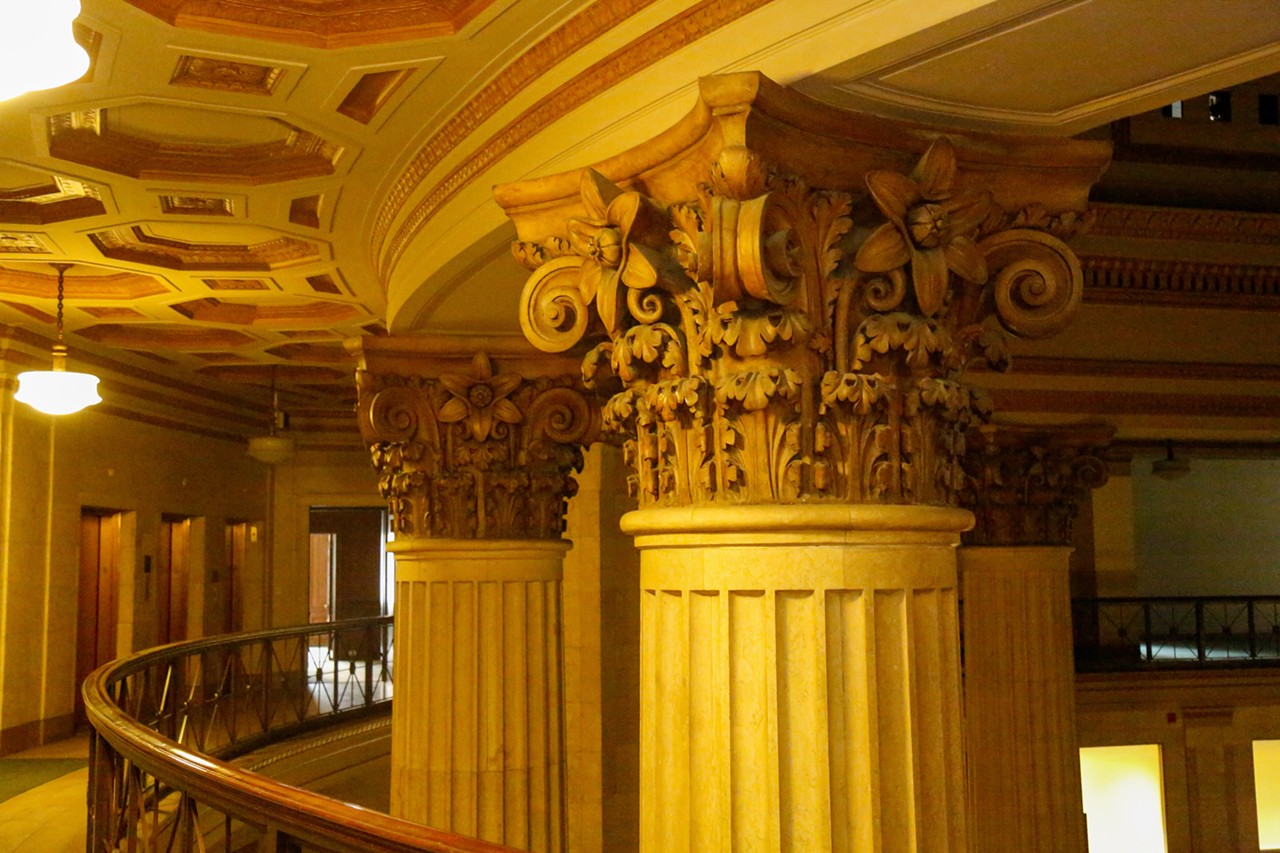 The lobby's Corinthian columns, designed by a Chicago-based architectural group called Graham, Anderson, Probst and White, will be restored in the coming renovation.