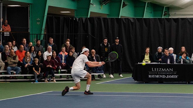 Mikael Torpegaard, OSU alum and Danish tennis star, hits a backhand during the 2020 Cleveland Open Final.