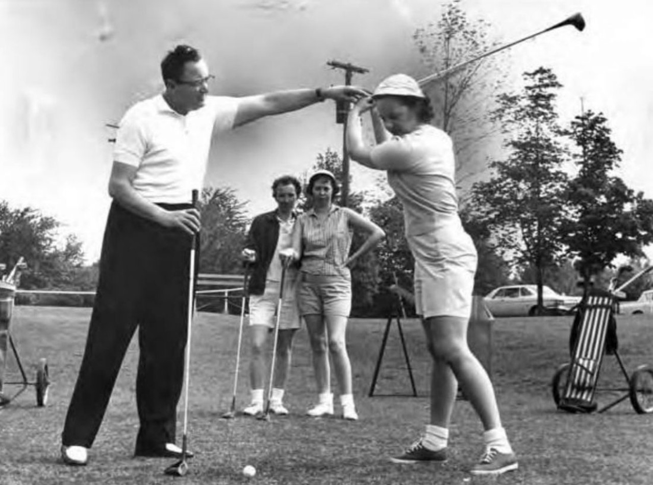 "Geneva-on-the-Lake - Golf pro Harry Orsuto instructs Mrs. Jeanette Catano, watching - Mrs. Dorothy Pasqualone, " Bernice Volpone - Geneva-on-the-Lake - General" - photo verso, 1961.