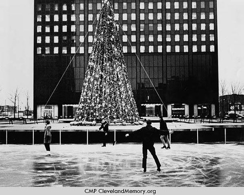 Skaters in front of Erieview Plaza's Christmas tree, 1965