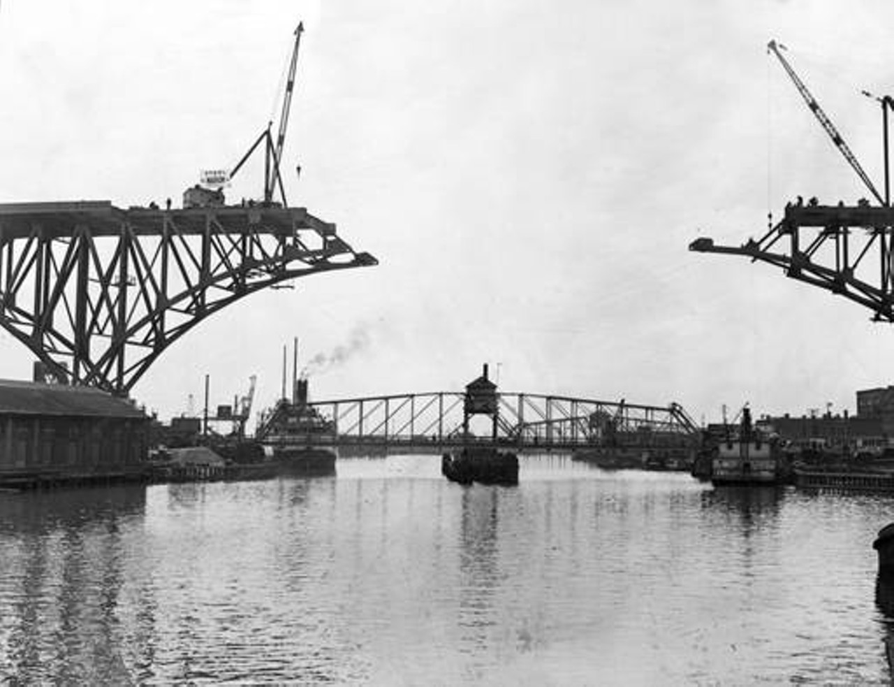 Main Avenue Bridge construction across the Cuyahoga River, circa 1938.