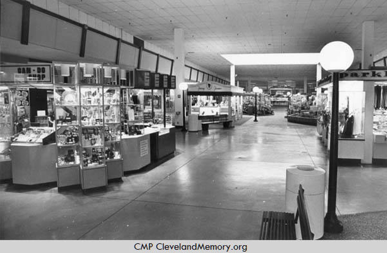 Interior view of Westgate Mall main concourse.. ''North End of Westgate Mall.'' — photo verso, 1976
